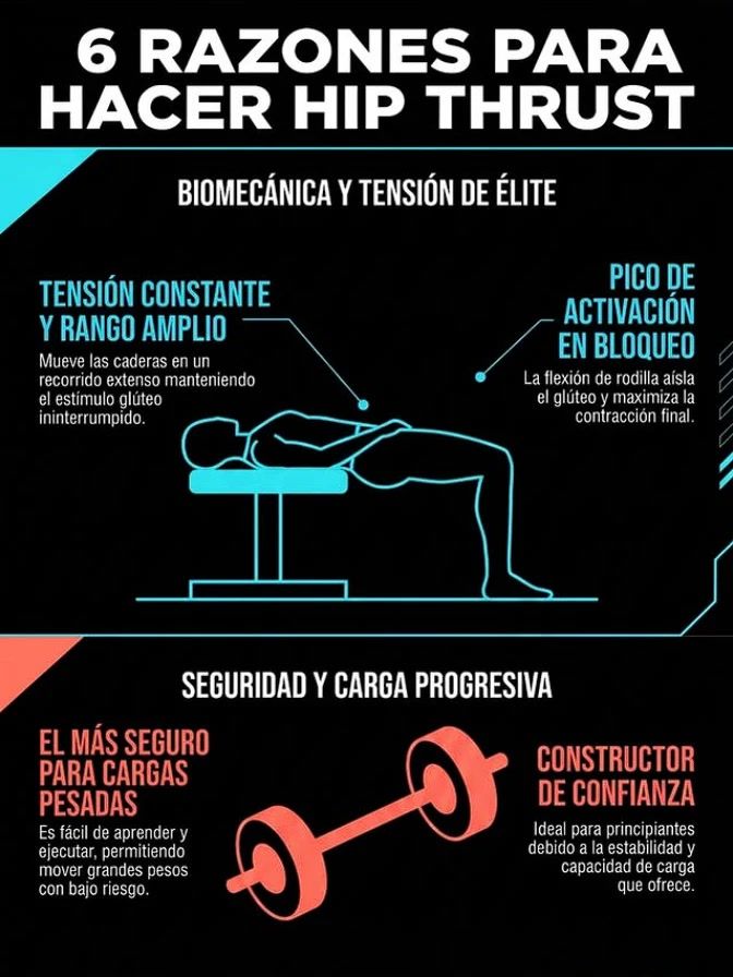 Post de Instagram: infografía con 6 razones para hacer hip thrust, biomecánica y carga progresiva