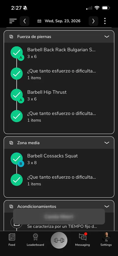 Captura de la app: bloques de fuerza y zona media con los ejercicios completados