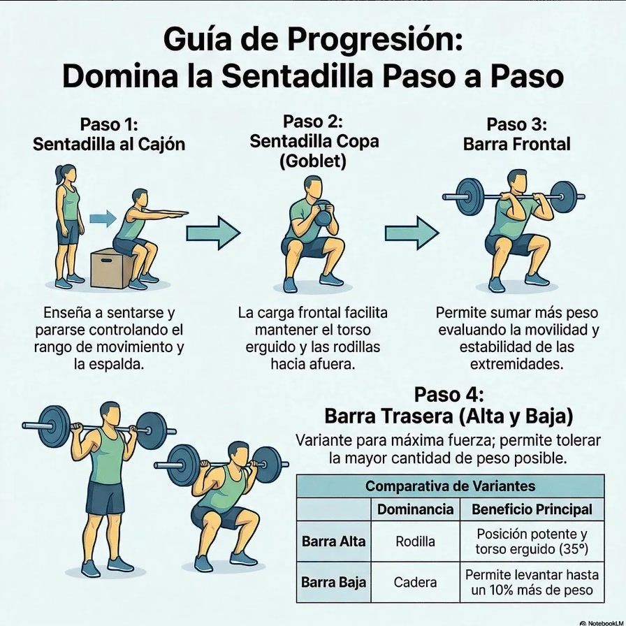 Post de Instagram: guía de progresión de la sentadilla en cuatro pasos, del cajón a la barra trasera